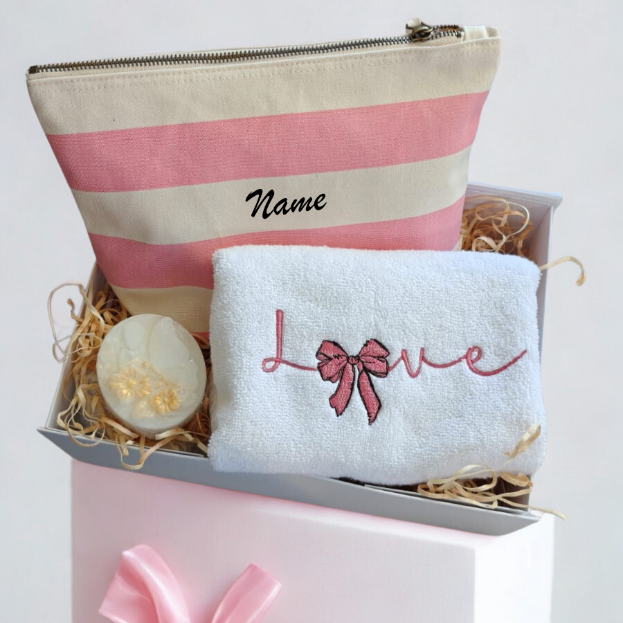 Personalised Gift Bundle - Hand Towel, Soap & Accessory Pouch (LOVE)