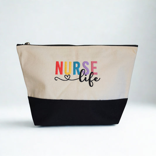 Dipped Base Accessory Bag | 'Nurse Life' Embroidered Canvas Pouch Nurse Gift