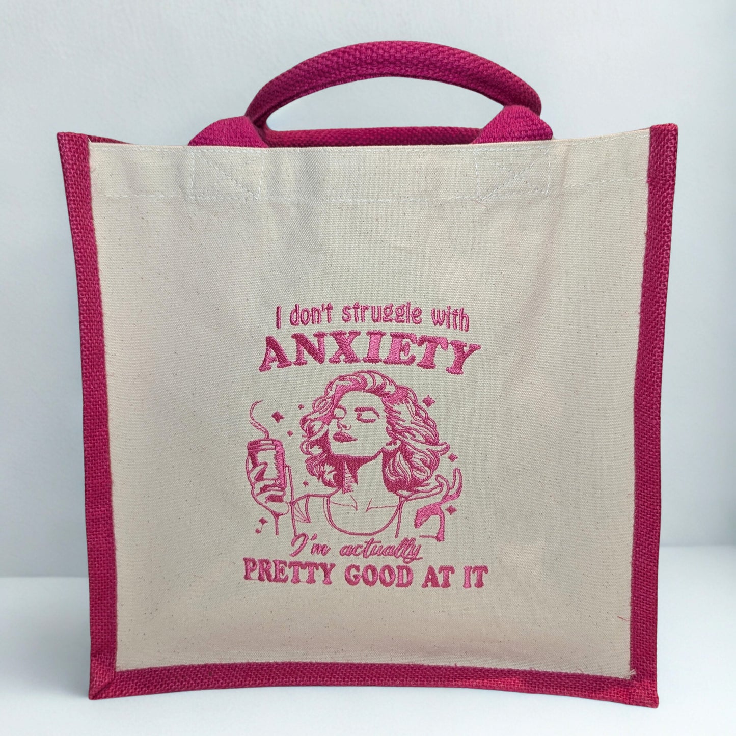 Embroidered Cotton Canvas Tote Bag – “I Don’t Suffer From Anxiety” Quote