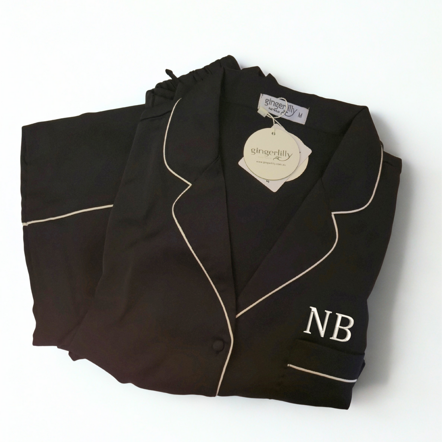 Personalised Gingerlilly Black Satin Pyjama Long Set – Embroidered Mother’s Day Gift