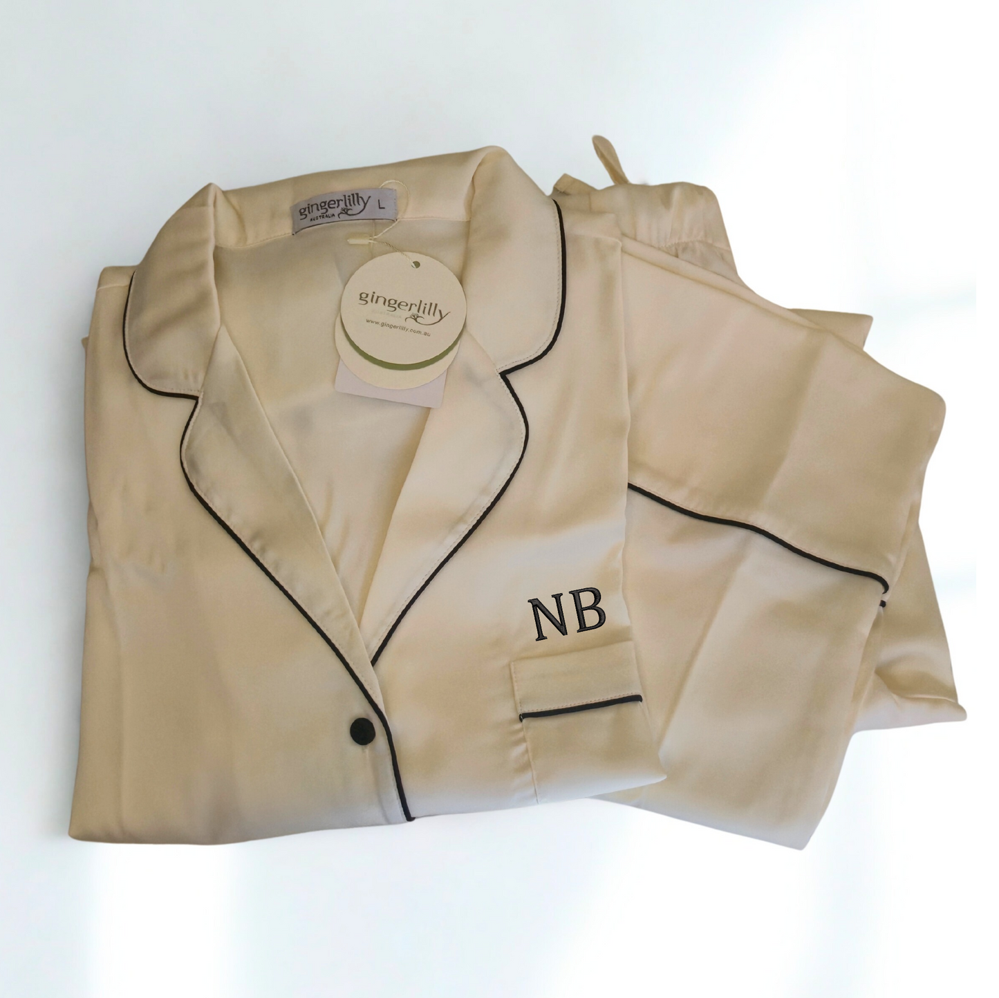 Personalised Gingerlilly Ivory Satin Pyjama Long Set