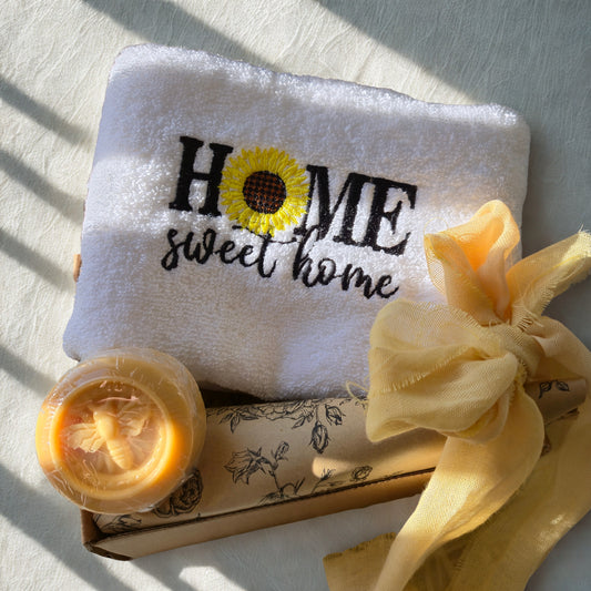 Hostess Gift Set | Embroidered Home Sweet Home Hand Towel & Hand Soap
