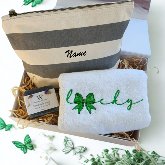 Personalised Gift Bundle – Hand Towel, Soap & Accessory Pouch (LUCKY)