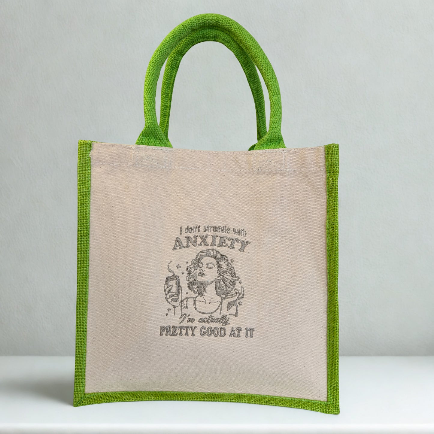 Embroidered Cotton Canvas Tote Bag – “I Don’t Suffer From Anxiety” Quote