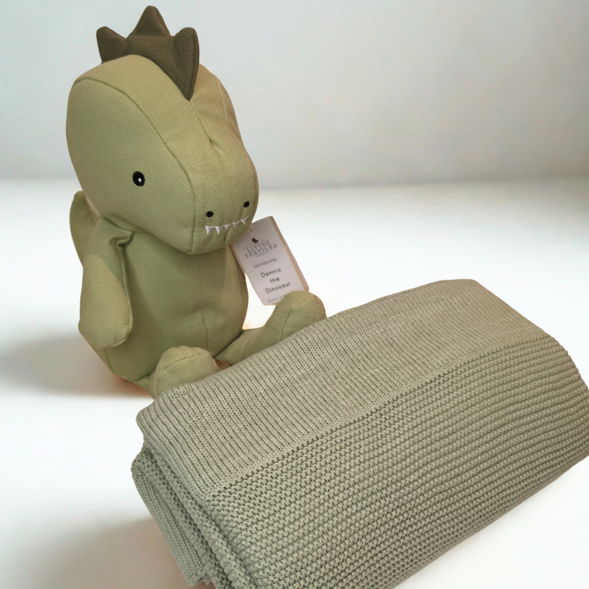 Personalised Dennis the Dinosaur & Knitted Baby Blanket Gift Set