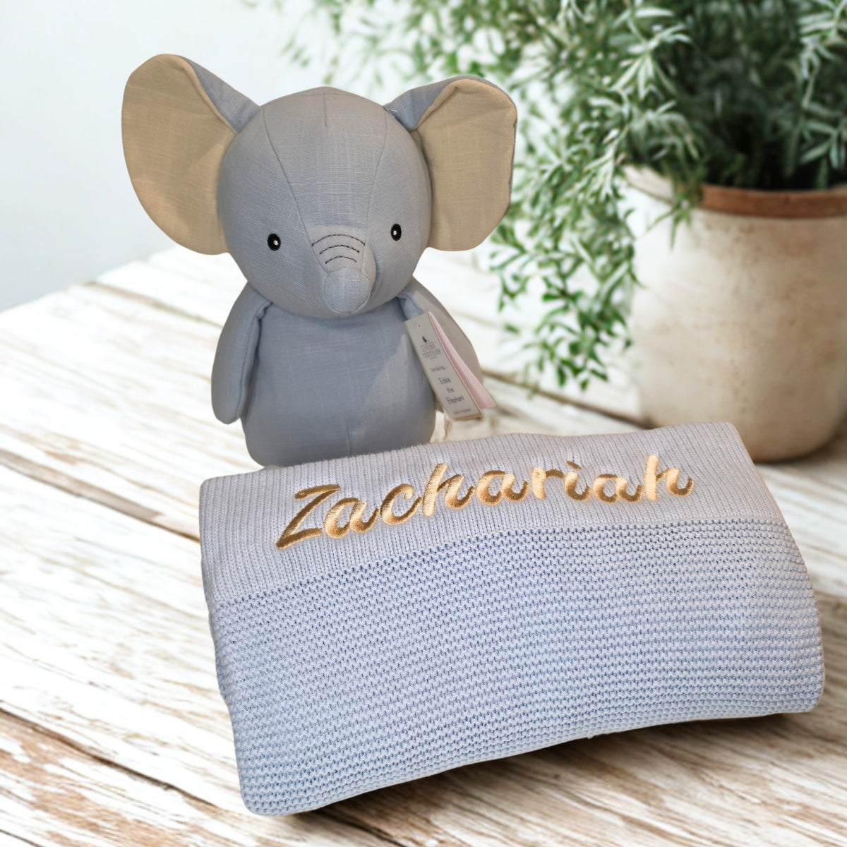 Personalised Knitted Baby Blanket & Blue Elephant | Ready to Gift Set
